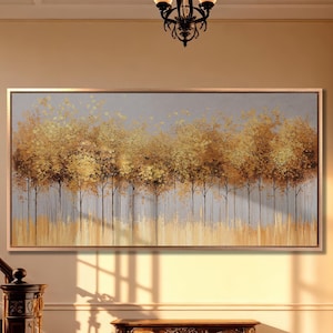 Lienzo con diseño de hojas doradas, árbol, bosque, arte de pared, pintura abstracta de árboles otoñales, decoración de pared de lujo, póster de paisaje otoñal moderno listo para colgar