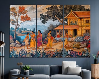 Impresión de paisaje rural indio, lienzo étnico, arte de pared, decoración de pared de la India, cartel tradicional grande