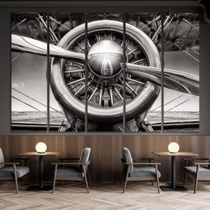 Airplane radial engine Print Historical Plane Propeller Black And White Canvas Wall Art Vintage Aircraft Wall Decor Aviation Large Wall Art