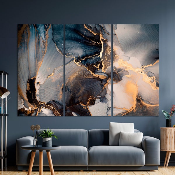 Luxury Abstract Fluid Art Painting in Alcohol Ink Technique Canvas Wall Art Imitation of Marble Stone Cut Wide Wall Decor Gold Veins Print