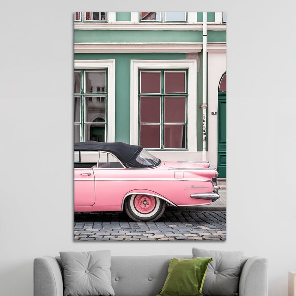 Vintage Pink Cadillac Convertible Print Retro Automobile Canvas Wall Art Classic Automotive Wall Decor Old Car Urban Ready to Hang Poster