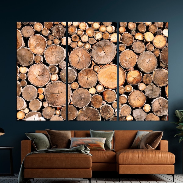 Sawn and Stacked Firewood Canvas Wall Art Log Trunks Pile Art Print Farmhouse Wood Wall Decor