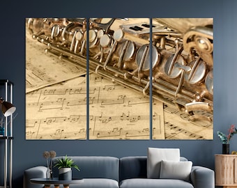 Orchestra Saxophone and Notes Art Print Vintage Music Canvas Wall Art Classic Jazz Wall Decor Musical Sax Instrument Ready to Hang Poster