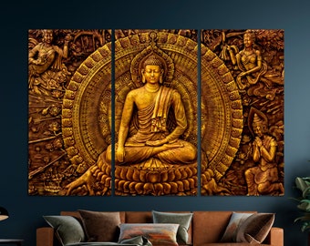 Buda dorado ornamento impresión budismo lienzo pared arte cultura budista símbolo religioso decoración del hogar cultural gran pared arte meditación regalo