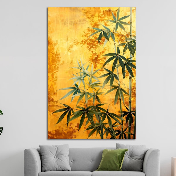 Abstract Bamboo Canvas Wall Art Japanese Gold Leaf Style Painting Print Luxurious Botanical Wall Decor Nature Inspired Poster Ready to Hang