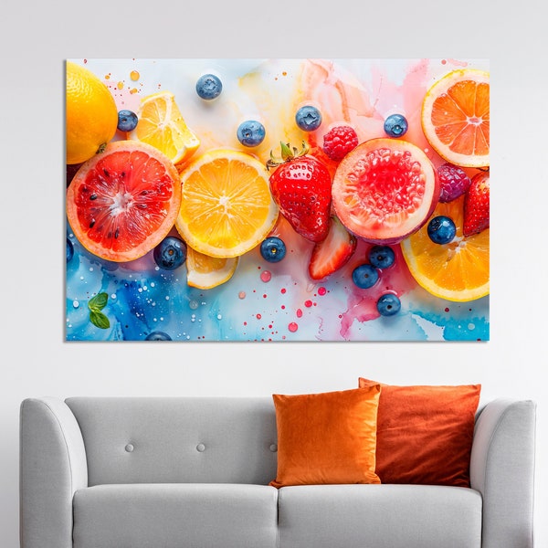 Vibrant Assorted Fruit Canvas Wall Art Citrus and Berries Photography Style Art Print Fruits Wall Decor Vivid Kitchen Poster Ready to Hang