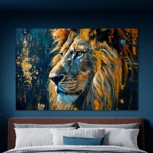 Large Lion Face Fine Art Print Lion Portrait Oil Painting Print with Gold Paint Canvas Wall Art Home Wall Decor Wild Animal Poster