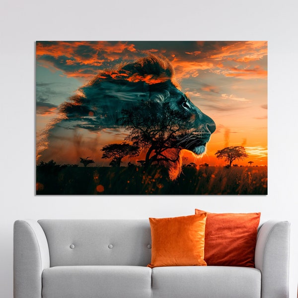 Stunning Lion Double Exposure Canvas Wall Art African Savannah Sunset Print Dramatic Animal Wall Decor Wildlife Poster Ready to Hang Gift