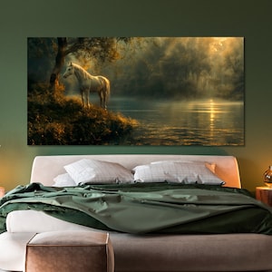 White Horse on Riverbank Print Mystic River in Golden Light Canvas Wall Art Serene Waterscape Wall Decor Forest Nature Ready to Hang Poster