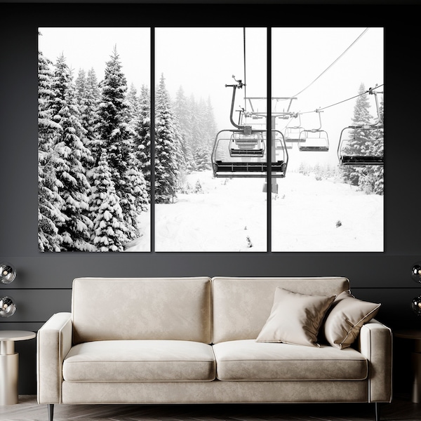 Scenic Ski Lift Print Winter Cable Car Canvas Wall Art Snow Covered Spruce Trees Winter Large Wall Art Poster Ski Lodge Decor Skier Gift