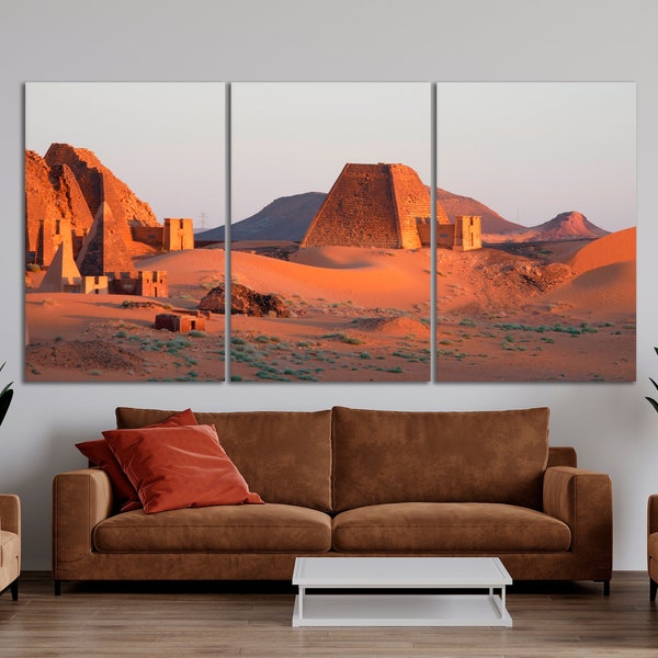 Ancient Desert Pyramids at Sunrise Print Historical Architecture Canvas Wall Art Sandscape Wall Decor Ready To Hang Gift Sudan Large Poster