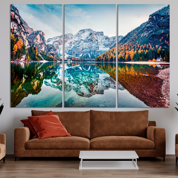 Autumnal Braies Alpine Lake Print Majestic Mountain Reflections Canvas Wall Art Italian Alps Wall Decor Fall Nature Scene Ready to Hang Gift