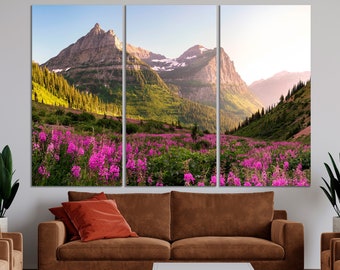 Scenic Canvas Wall Art Print- A Field of Wildflowers and Rocky Mountains in Glacier National Park, Montana - Wide Poster for Home Wall Decor