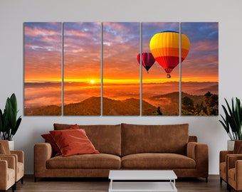 Colorful Hot Air Balloons at Sunrise Print Aerial View of Landscape Canvas Wall Art Thailand Misty Morning Wall Decor Skyline Gift Poster