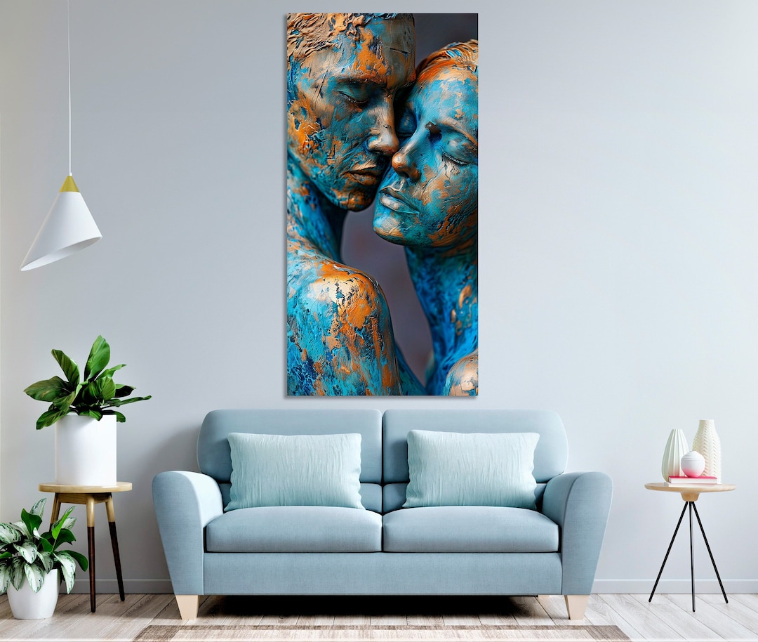 Couple Blue Painted Print Romantic Canvas Wall Art Man and Woman