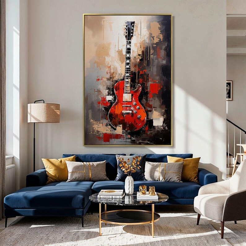 a living room with a couch and a painting on the wall