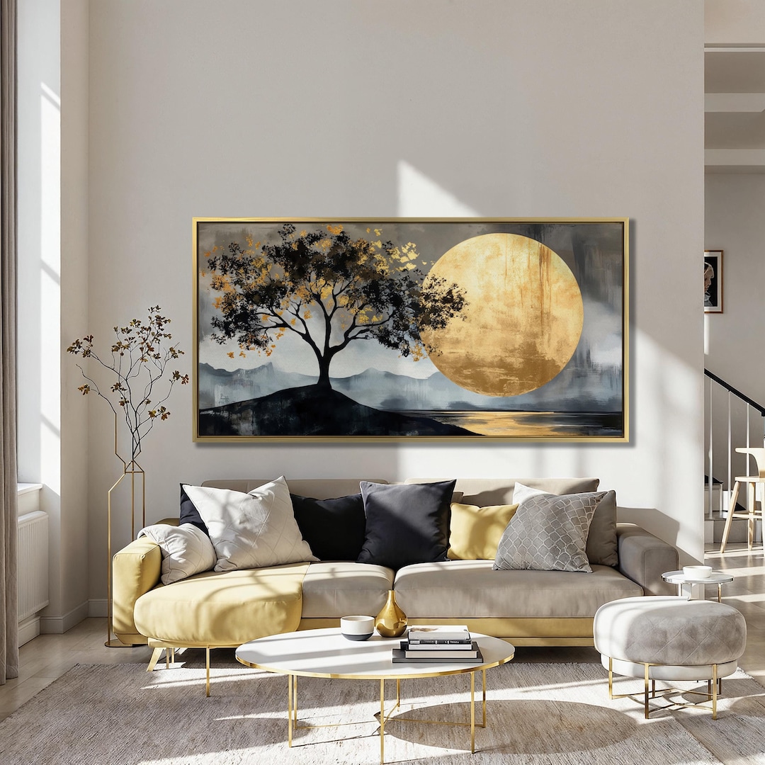 Golden Moon Tree Canvas Art: Abstract Landscape Wall Decor - Etsy