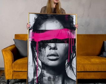 Abstract Woman Portrait Canvas Art: Black, White & Pink Wall Decor