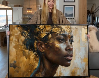 Black Woman Gold Painting: African American Portrait Canvas Wall Art