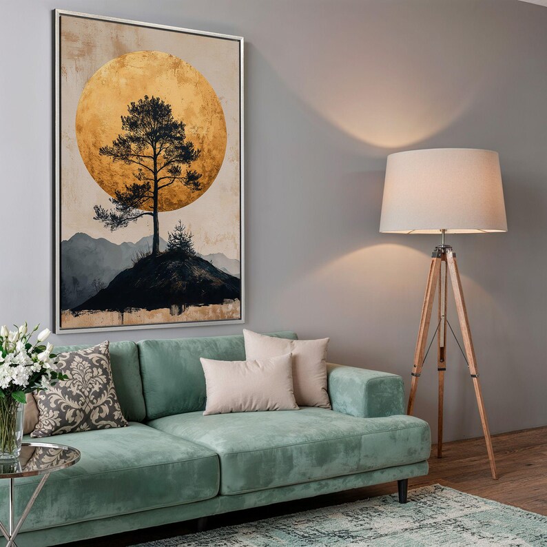 Lone Tree Golden Moon Canvas Print: Serene Landscape Wall Art Silver Frame