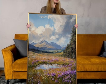 Framed Mountain Landscape Canvas Print: Wildflower Field Nature Art