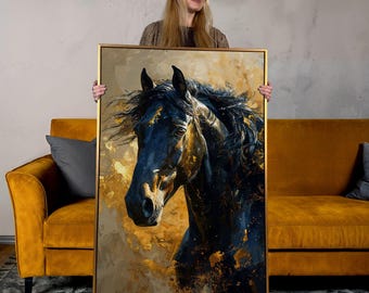 Black Stallion Painting: Large Horse Portrait Canvas Wall Art