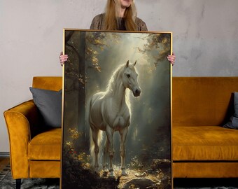 White Horse Canvas Print: Mythical Equine Art, Sunlit Woods