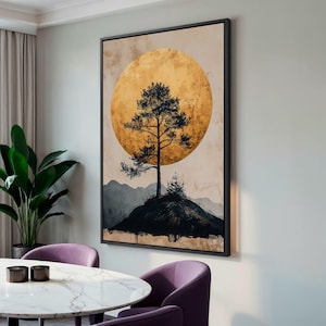 a painting hangs on the wall of a foyer