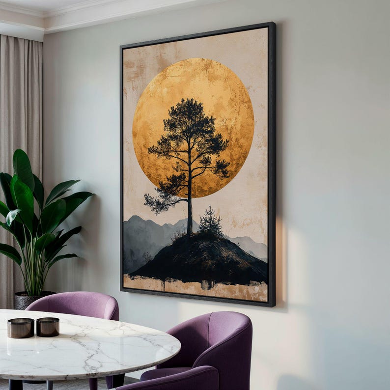 a painting hangs on the wall of a foyer