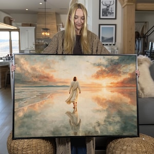 Jezus loopt op het water canvas afdruk | Christelijke zonsondergang reflectiekunst
