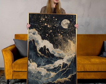 Golden Moon Canvas Print: Abstract Mountain Celestial Wall Art