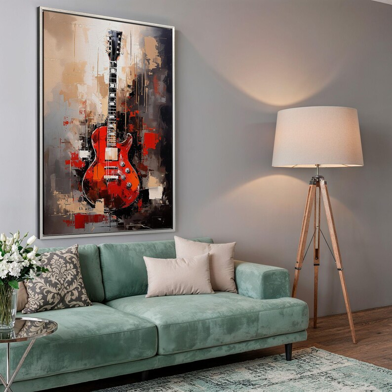 Red Guitar Painting: Abstract Acrylic Music Room Canvas Art Print Silver Frame