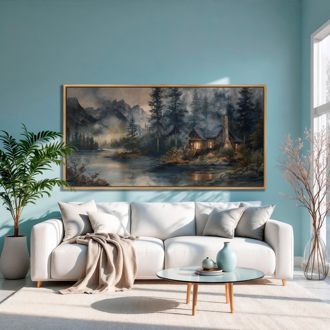 Riverside Cabin Canvas Art: Misty Mountain Pine Forest Wall Decor - Etsy