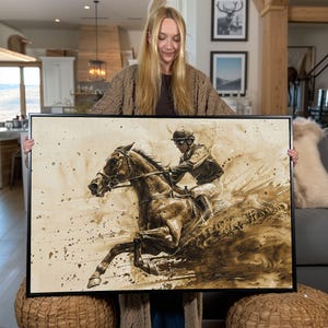Vintage canvaskunst paardenraces: print jockey, klaar om op te hangen