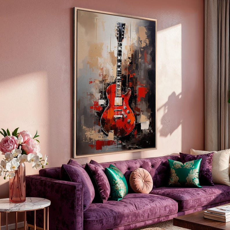 a painting of a guitar on a wall above a bed