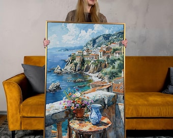 Pintura en acuarela de un pueblo costero: lienzo con vista al balcón mediterráneo