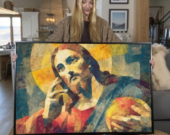 Abstract Jesus Canvas Art | Colorful Christian Print, Framed