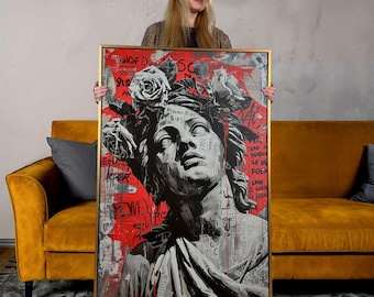 Statue with Roses Canvas Print: Modern Graffiti Street Art
