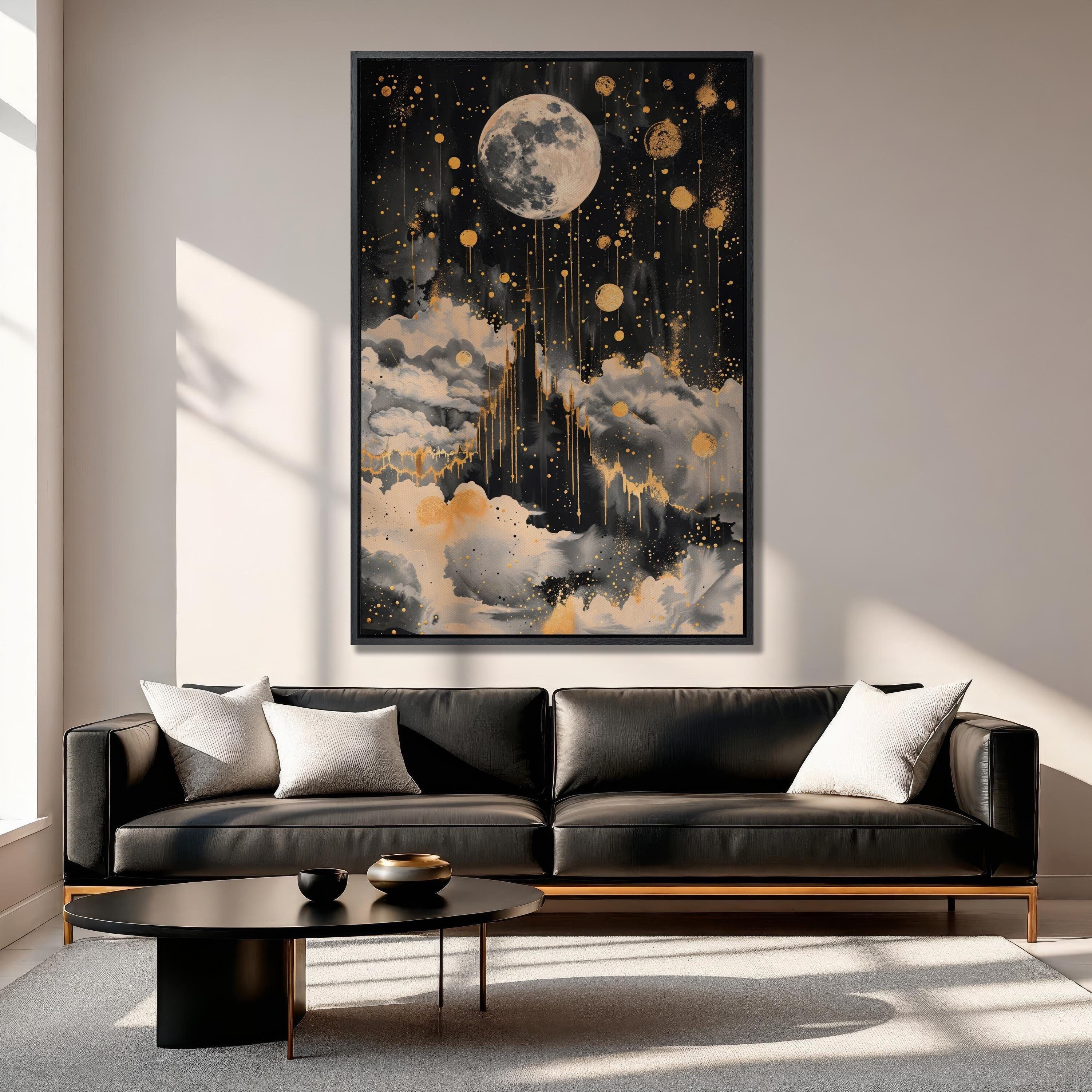 Celestial Moon Canvas Art: Abstract Starry Sky Painting, Ready to Hang