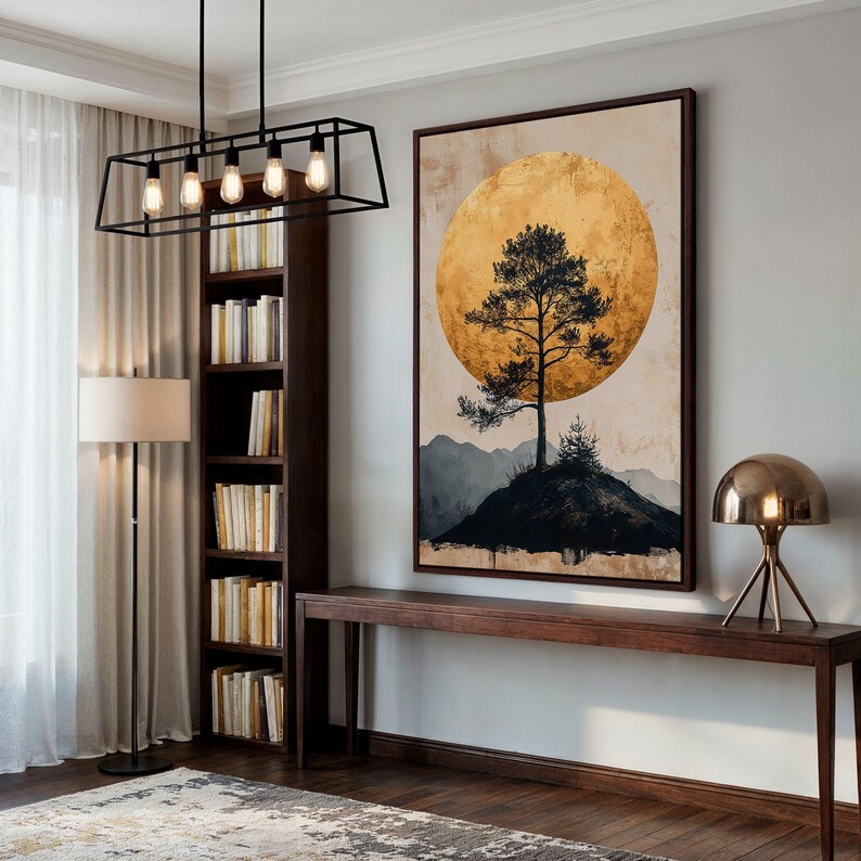 a living room with a couch and a painting on the wall