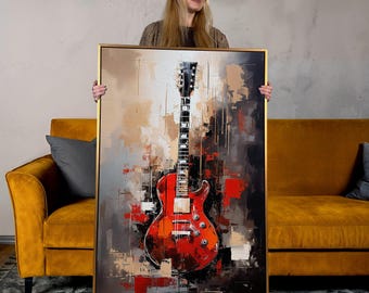 Red Guitar Painting: Abstract Acrylic Music Room Canvas Art Print
