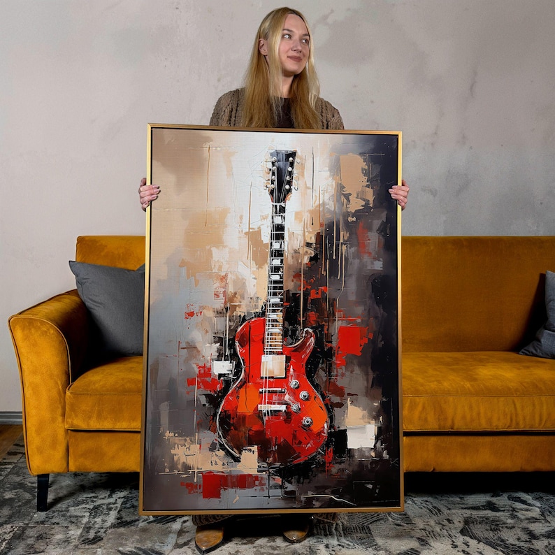 a painting of a guitar hangs in a hallway