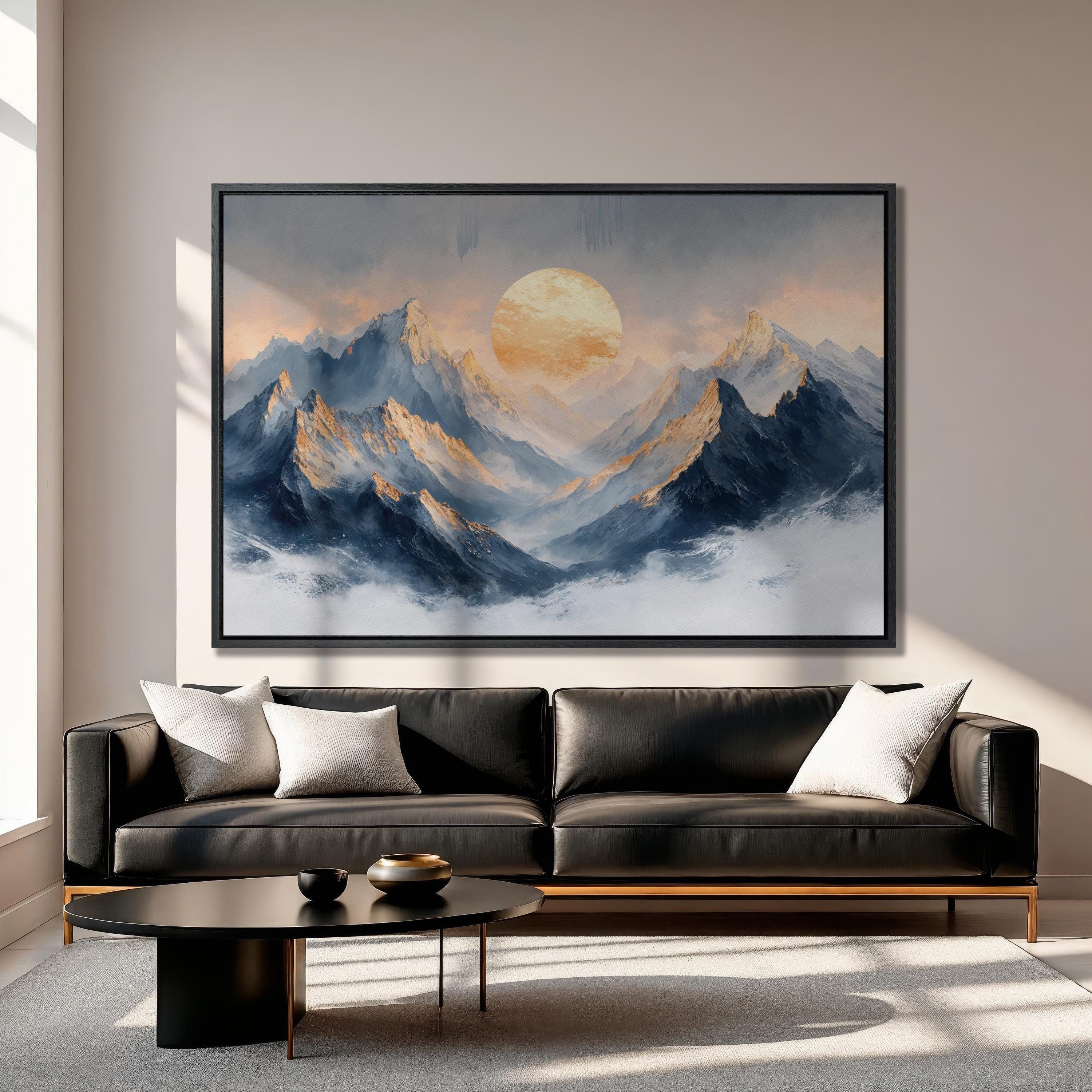 Sunlit Mountain Peaks Canvas Art: Large Abstract Landscape Print
