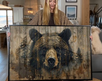 Forest Bear Portrait Canvas Print: Rustic Cabin Wall Art