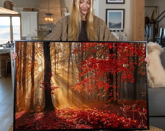 Enchanted Autumn Forest Canvas Print: Sunbeam Fall Foliage Wall Art