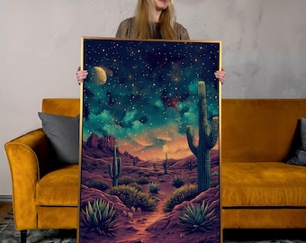 Starlit Desert Night Canvas Art: Cactus Landscape Wall Decor