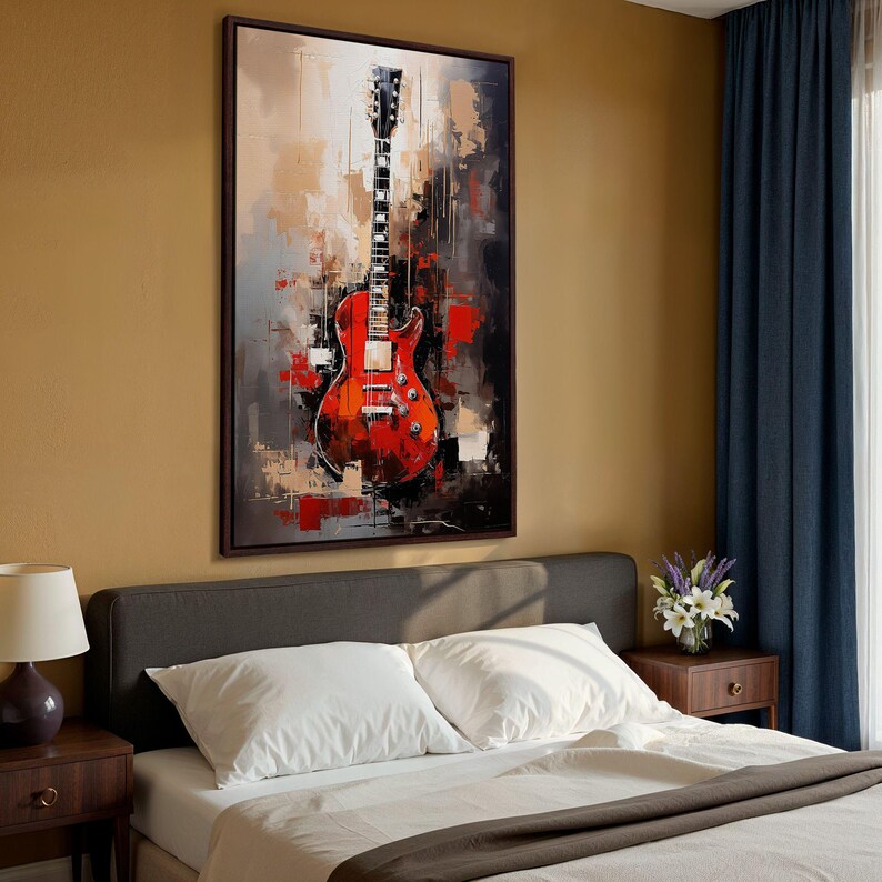 Red Guitar Painting: Abstract Acrylic Music Room Canvas Art Print image 18