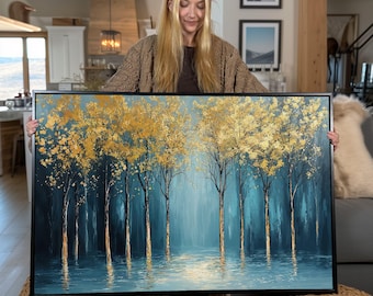 Golden Trees Canvas Print: Abstract Forest Landscape, Blue and Gold Wall Decor