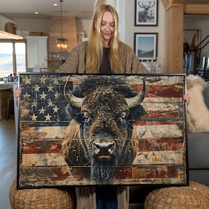 American Bison Canvas Print: Vintage USA Flag Wood Panel Art
