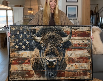 American Bison Canvas Print: Vintage USA Flag Wood Panel Art